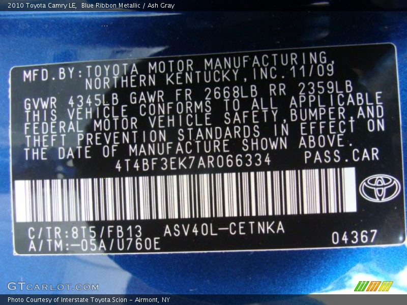 Blue Ribbon Metallic / Ash Gray 2010 Toyota Camry LE