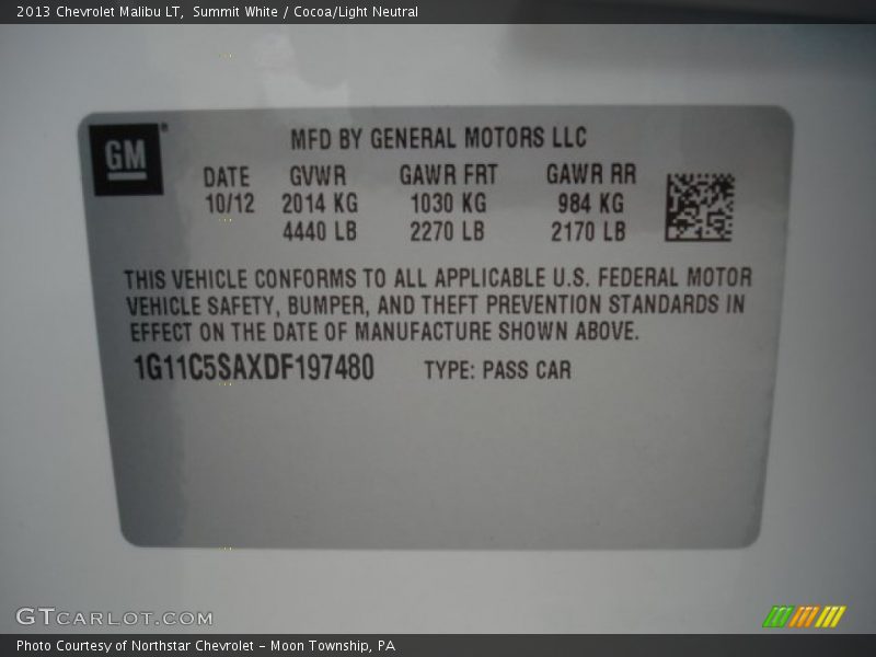 Summit White / Cocoa/Light Neutral 2013 Chevrolet Malibu LT
