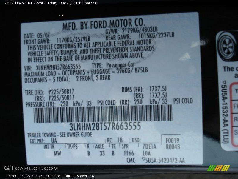 Black / Dark Charcoal 2007 Lincoln MKZ AWD Sedan
