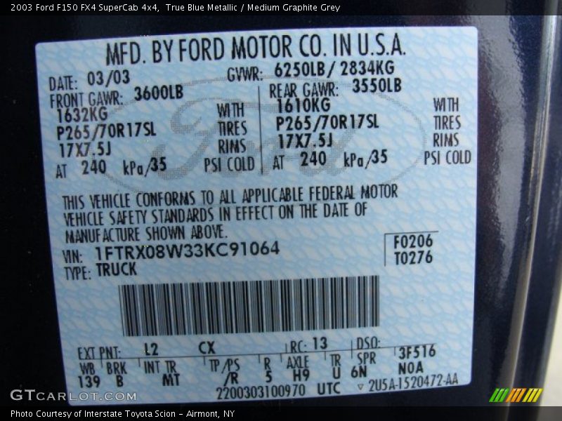 2003 F150 FX4 SuperCab 4x4 True Blue Metallic Color Code L2