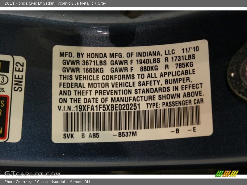 Atomic Blue Metallic / Gray 2011 Honda Civic LX Sedan