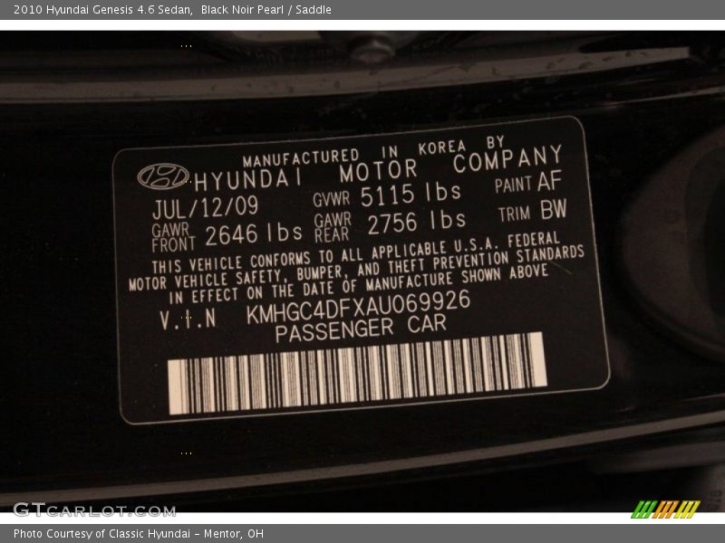 Black Noir Pearl / Saddle 2010 Hyundai Genesis 4.6 Sedan