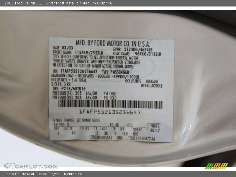 2003 Taurus SES Silver Frost Metallic Color Code TS