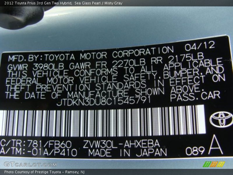 Sea Glass Pearl / Misty Gray 2012 Toyota Prius 3rd Gen Two Hybrid