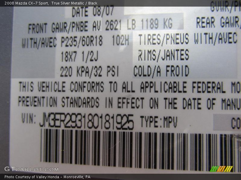 True Silver Metallic / Black 2008 Mazda CX-7 Sport