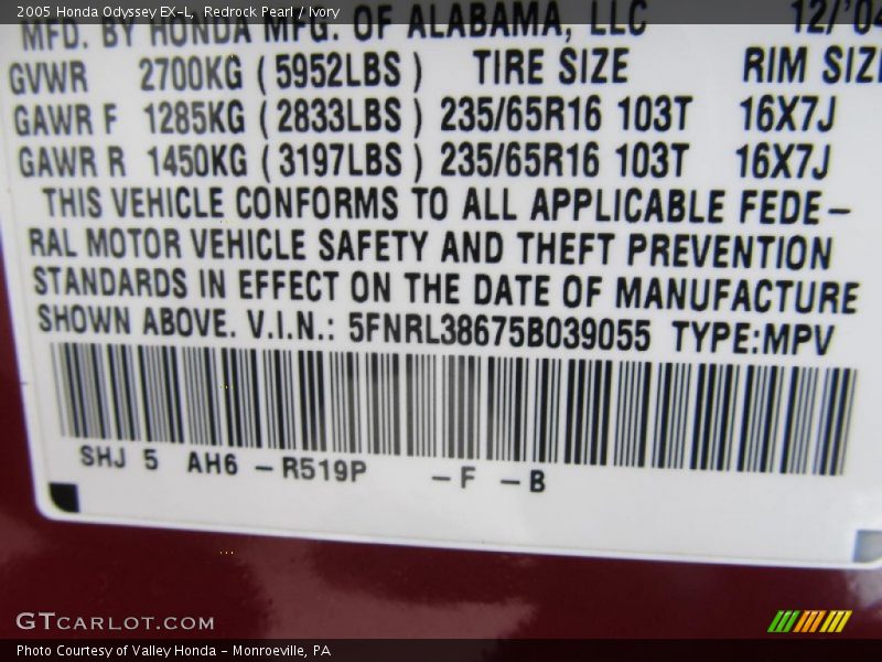 Redrock Pearl / Ivory 2005 Honda Odyssey EX-L