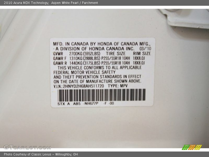 Aspen White Pearl / Parchment 2010 Acura MDX Technology