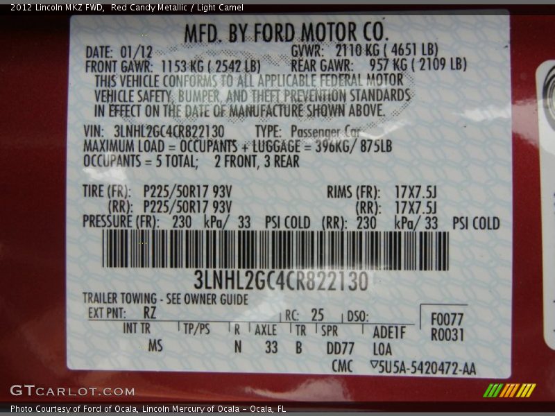 Red Candy Metallic / Light Camel 2012 Lincoln MKZ FWD
