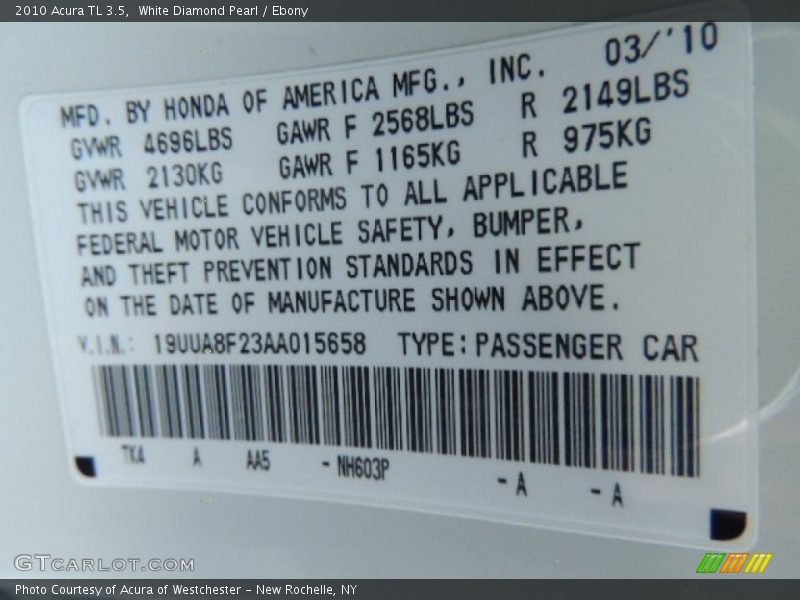 White Diamond Pearl / Ebony 2010 Acura TL 3.5