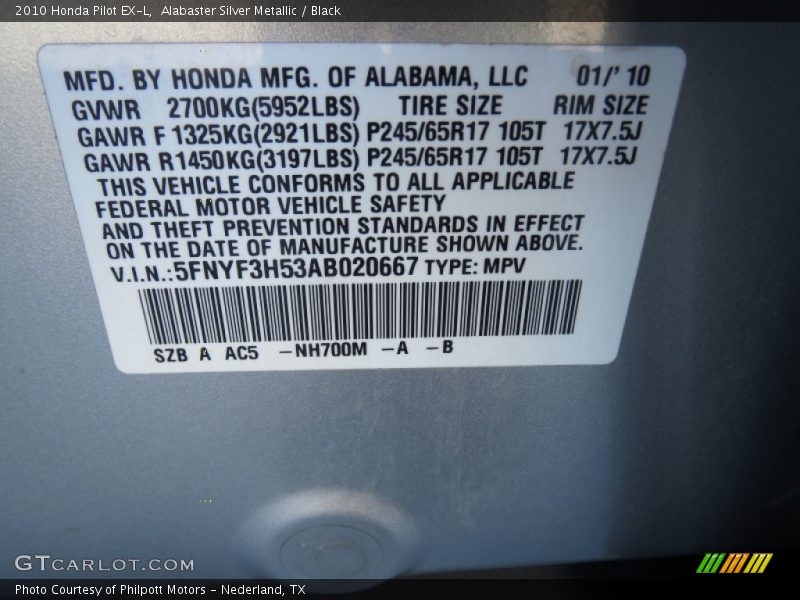 Alabaster Silver Metallic / Black 2010 Honda Pilot EX-L
