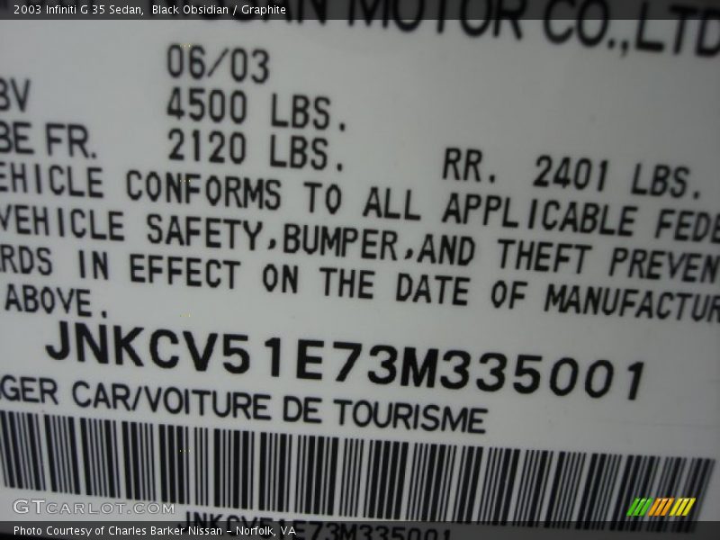 Black Obsidian / Graphite 2003 Infiniti G 35 Sedan