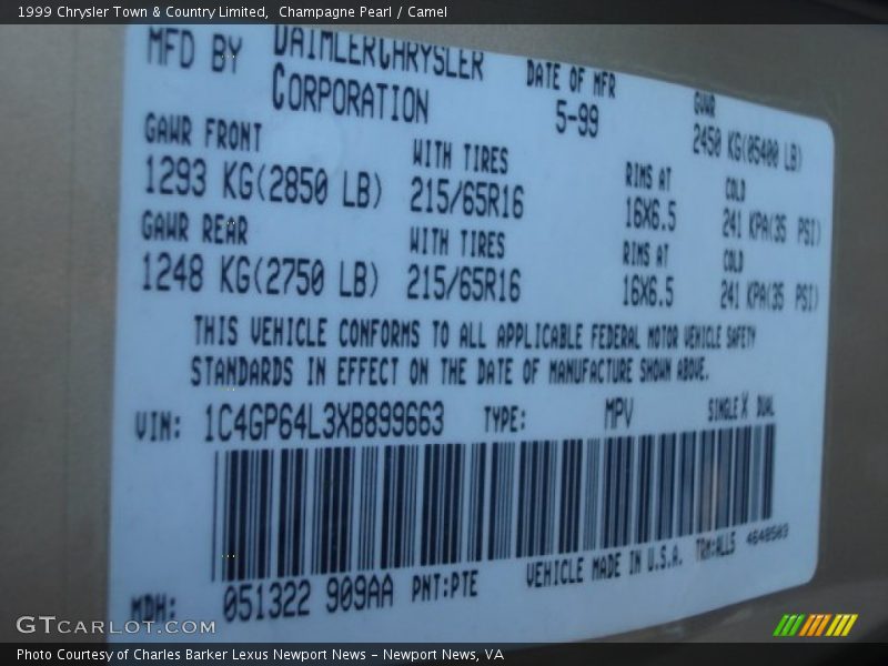 1999 Town & Country Limited Champagne Pearl Color Code PTE