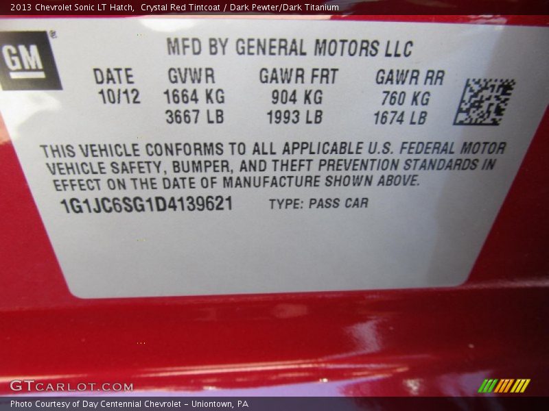 Crystal Red Tintcoat / Dark Pewter/Dark Titanium 2013 Chevrolet Sonic LT Hatch
