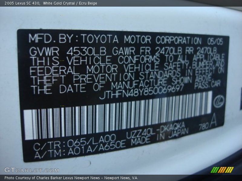 2005 SC 430 White Gold Crystal Color Code 065