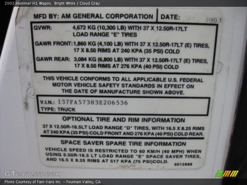 Info Tag of 2003 H1 Wagon