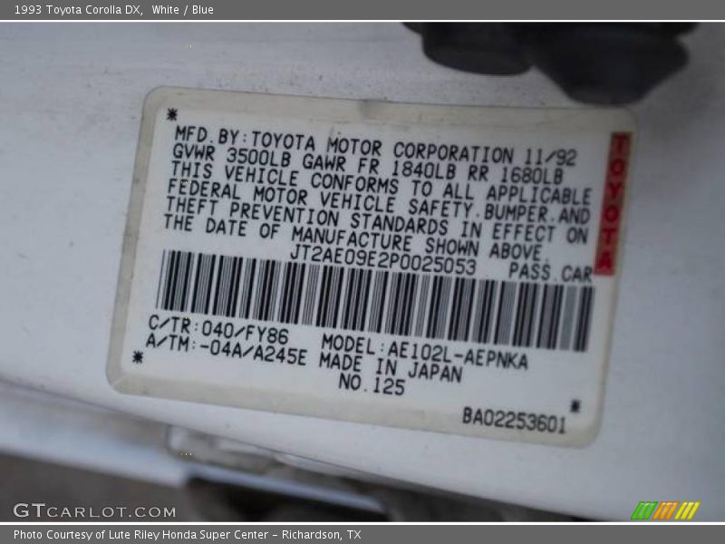 White / Blue 1993 Toyota Corolla DX