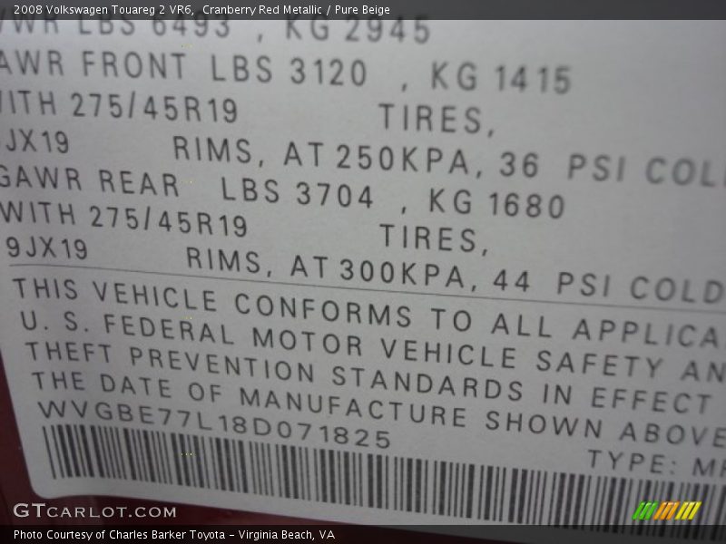 Cranberry Red Metallic / Pure Beige 2008 Volkswagen Touareg 2 VR6