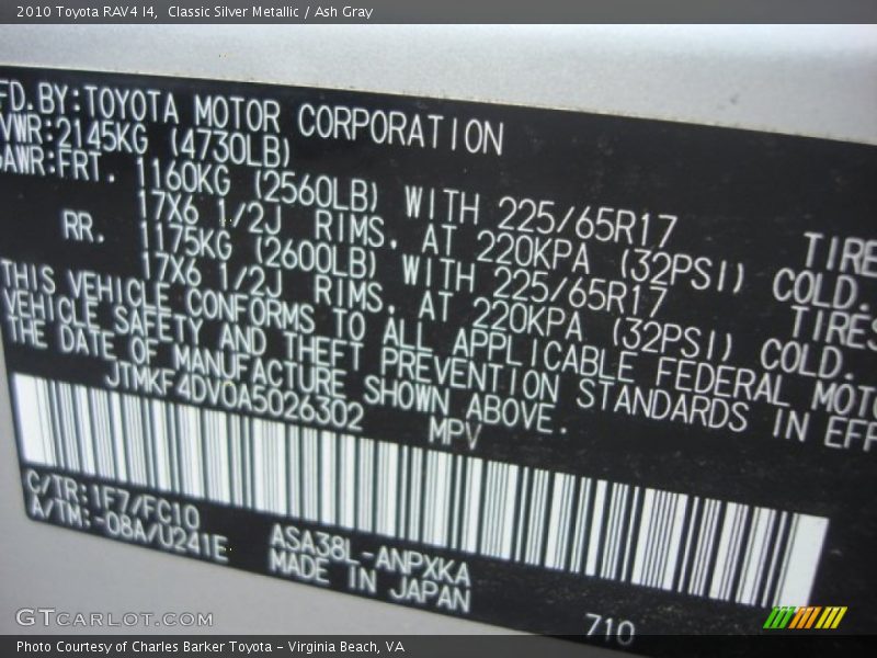 Classic Silver Metallic / Ash Gray 2010 Toyota RAV4 I4