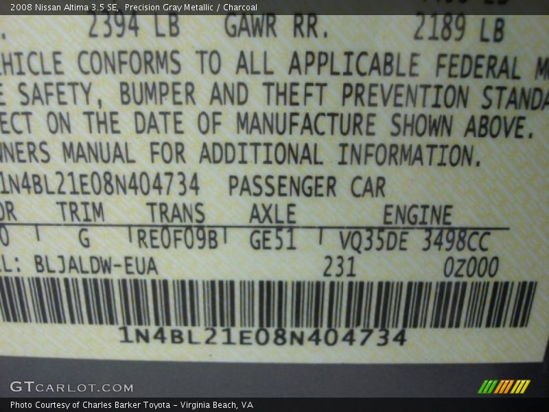 Precision Gray Metallic / Charcoal 2008 Nissan Altima 3.5 SE