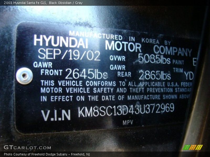 Black Obsidian / Gray 2003 Hyundai Santa Fe GLS