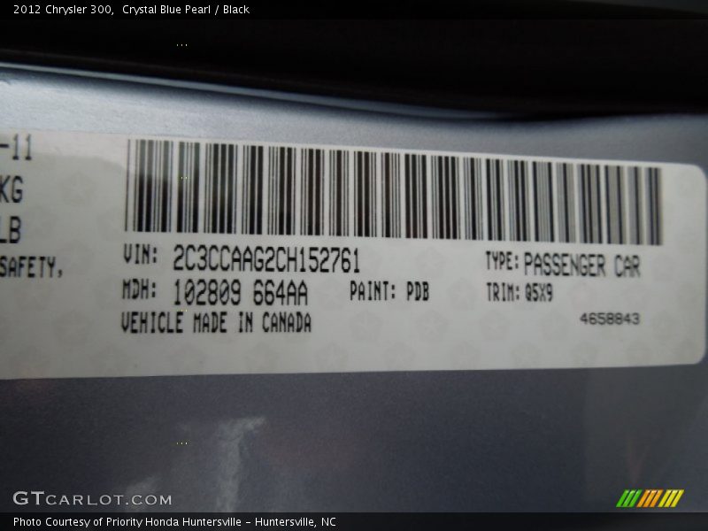 Crystal Blue Pearl / Black 2012 Chrysler 300