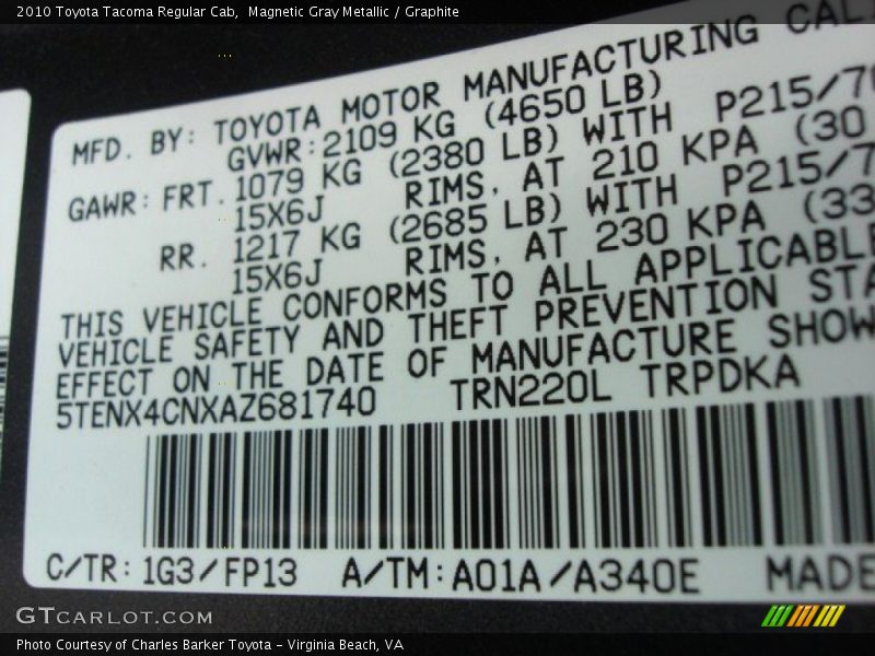 Magnetic Gray Metallic / Graphite 2010 Toyota Tacoma Regular Cab