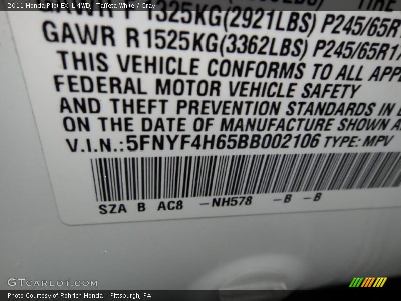 Taffeta White / Gray 2011 Honda Pilot EX-L 4WD