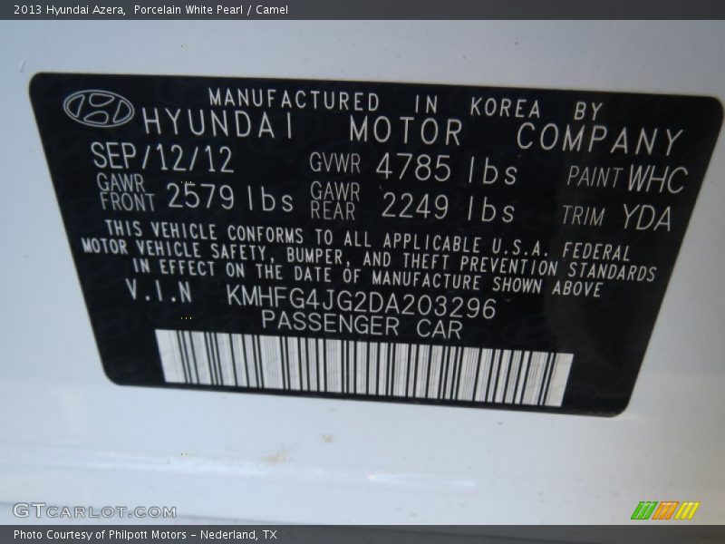 Porcelain White Pearl / Camel 2013 Hyundai Azera