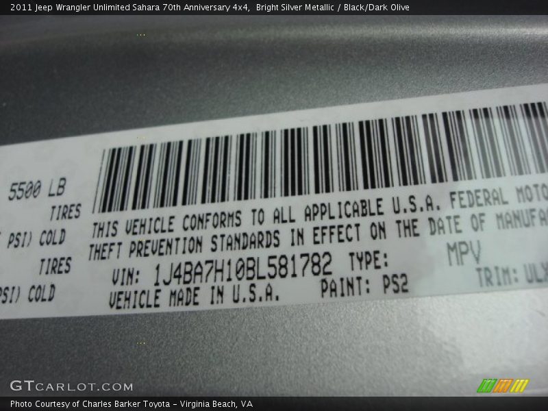 2011 Wrangler Unlimited Sahara 70th Anniversary 4x4 Bright Silver Metallic Color Code PS2