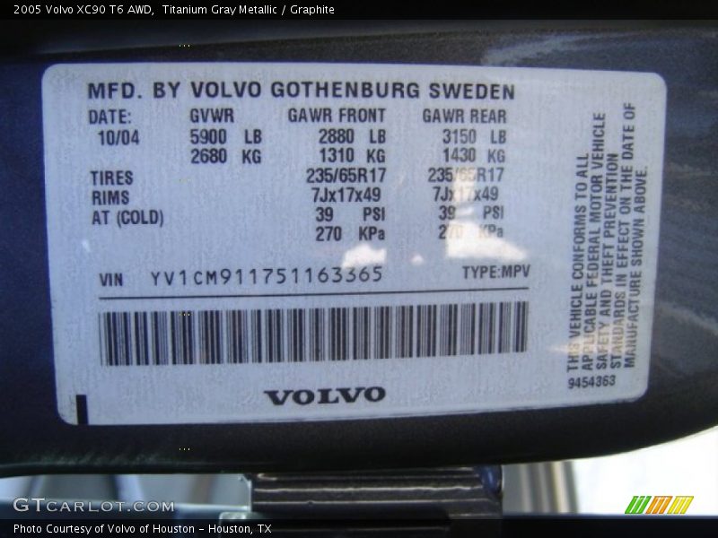 Titanium Gray Metallic / Graphite 2005 Volvo XC90 T6 AWD