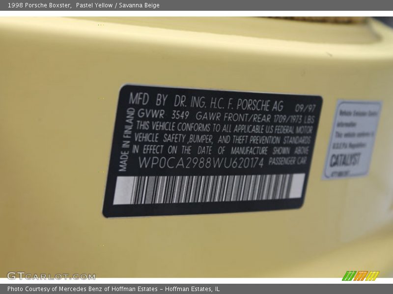 Info Tag of 1998 Boxster 