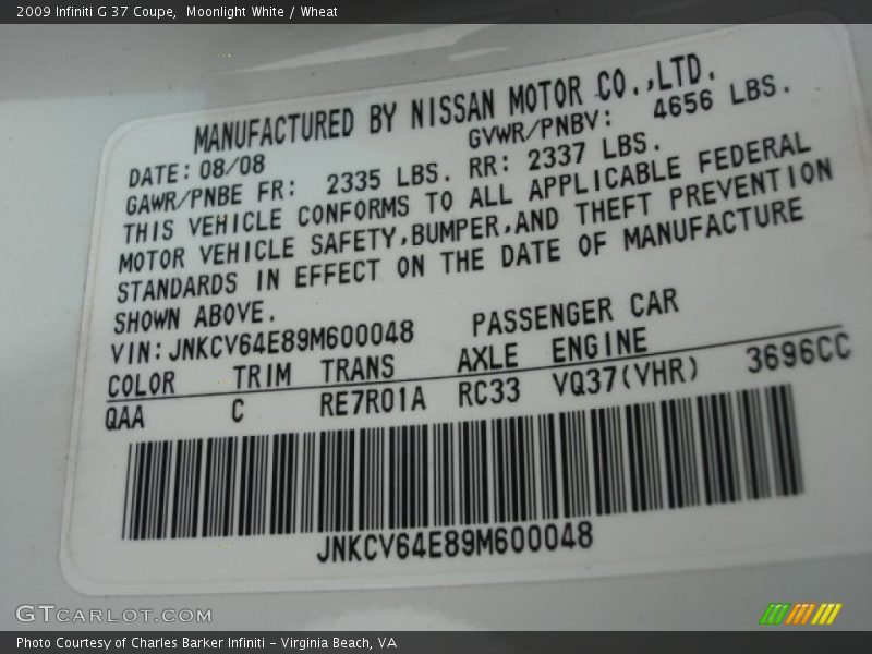 Moonlight White / Wheat 2009 Infiniti G 37 Coupe