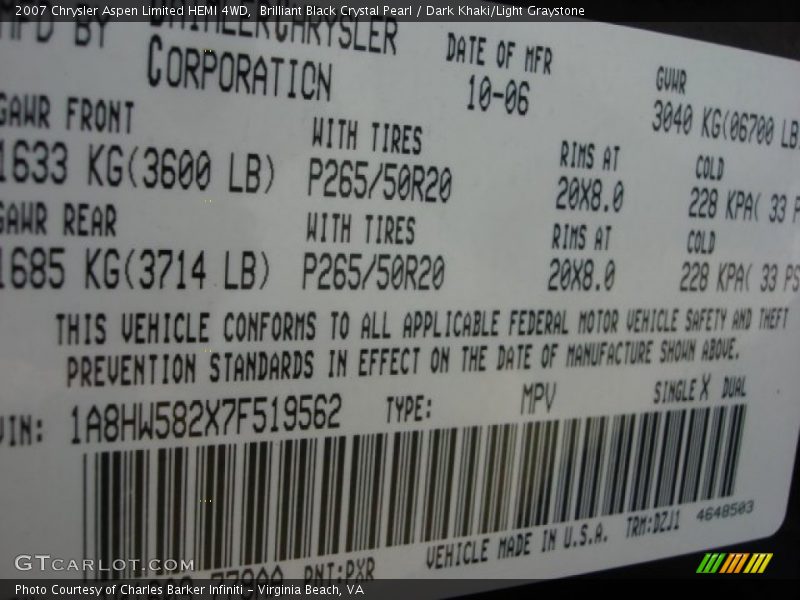 Brilliant Black Crystal Pearl / Dark Khaki/Light Graystone 2007 Chrysler Aspen Limited HEMI 4WD
