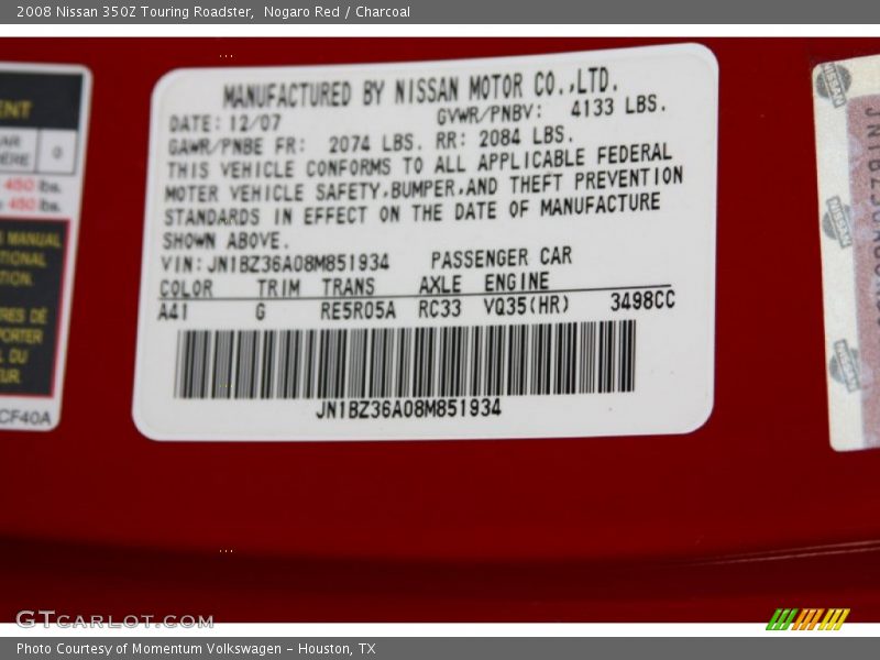 2008 350Z Touring Roadster Nogaro Red Color Code A41