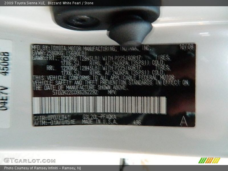 Blizzard White Pearl / Stone 2009 Toyota Sienna XLE