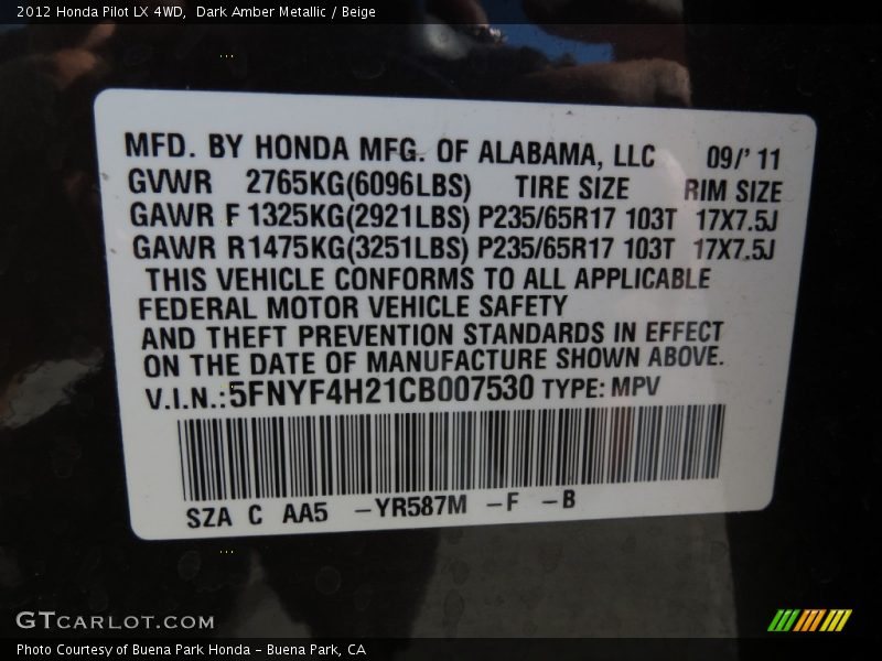 Dark Amber Metallic / Beige 2012 Honda Pilot LX 4WD