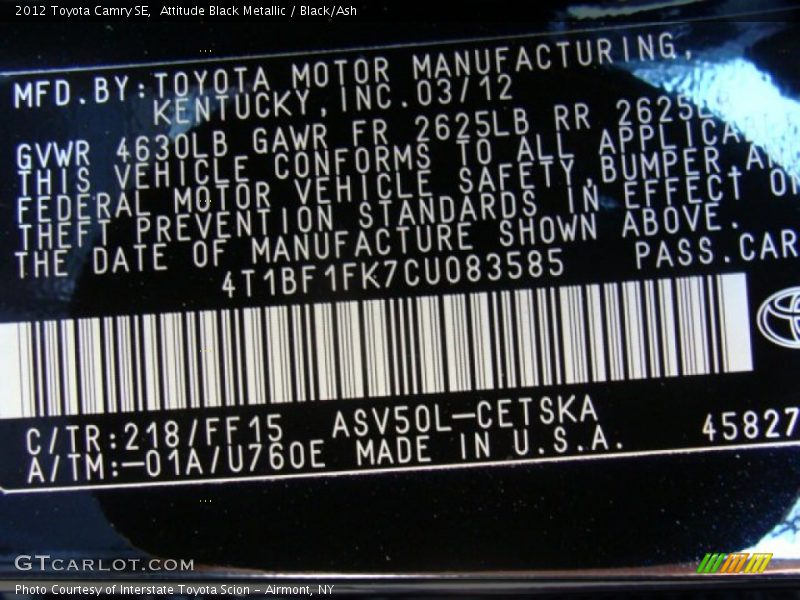 Attitude Black Metallic / Black/Ash 2012 Toyota Camry SE