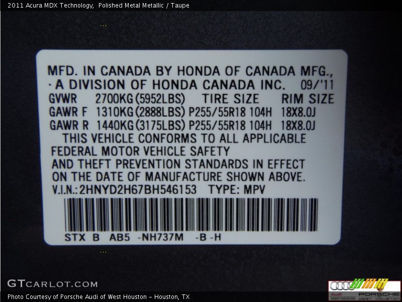 Polished Metal Metallic / Taupe 2011 Acura MDX Technology