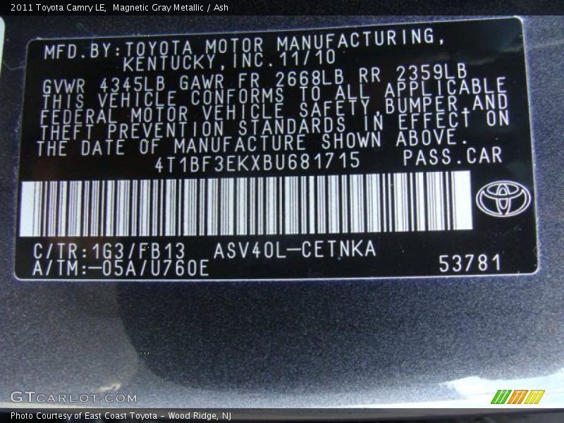 Magnetic Gray Metallic / Ash 2011 Toyota Camry LE