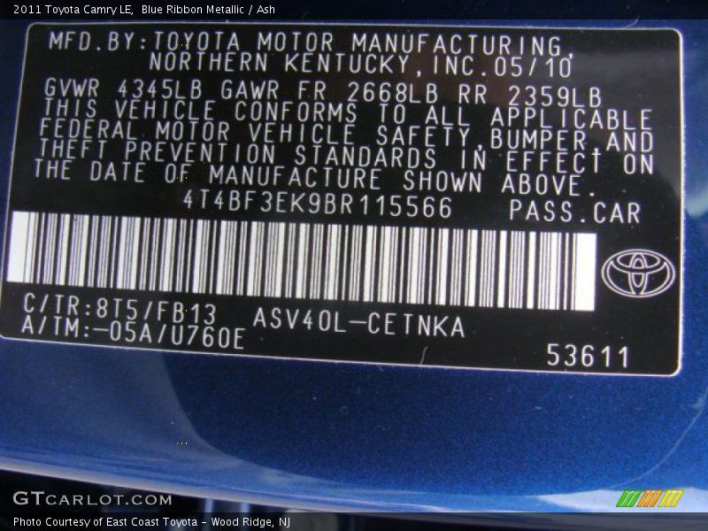 Blue Ribbon Metallic / Ash 2011 Toyota Camry LE