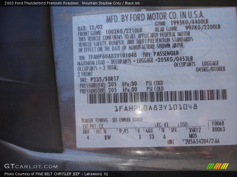 2003 Thunderbird Premium Roadster Mountain Shadow Grey Color Code CX