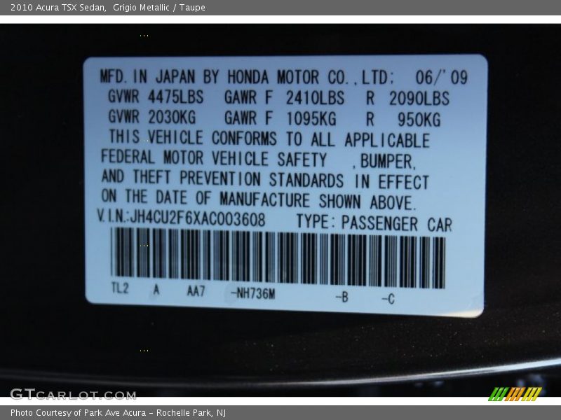 Grigio Metallic / Taupe 2010 Acura TSX Sedan