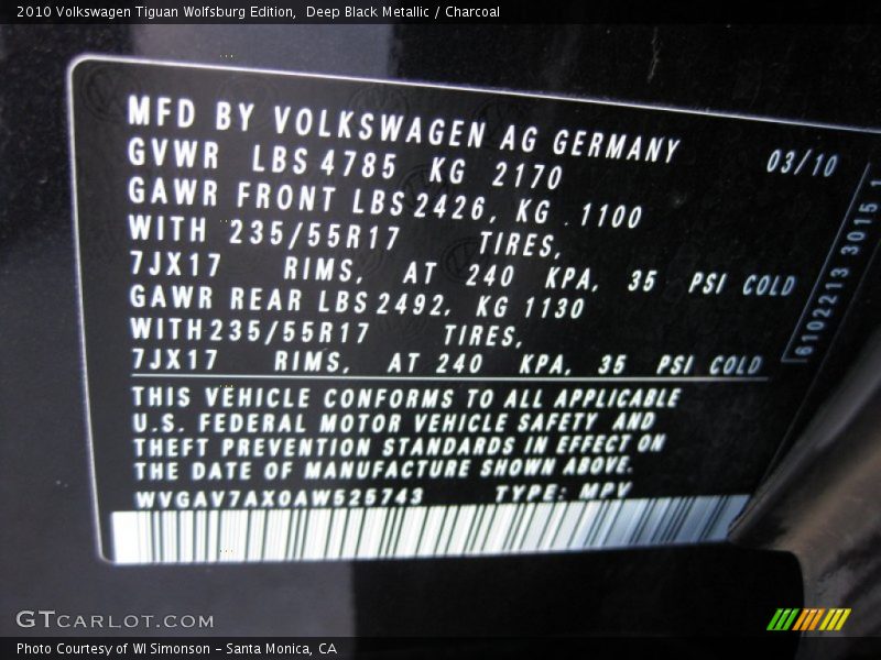 Deep Black Metallic / Charcoal 2010 Volkswagen Tiguan Wolfsburg Edition