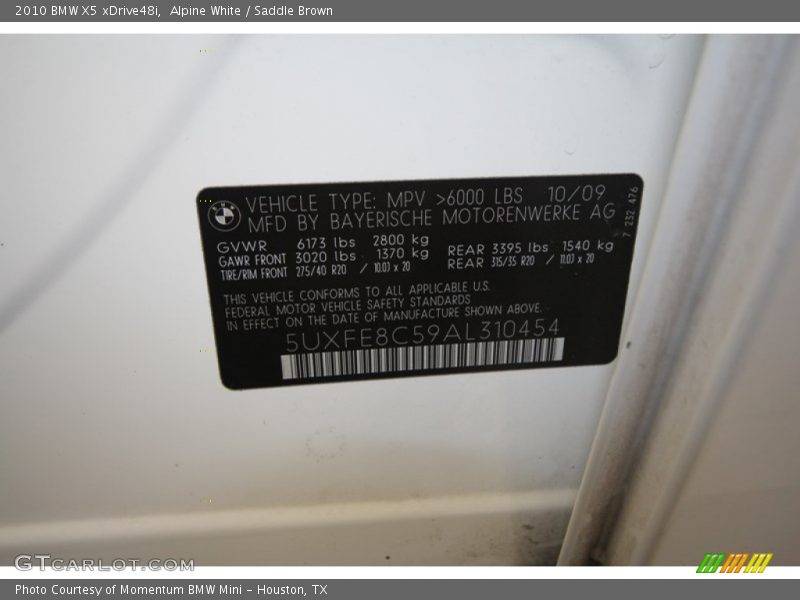 Alpine White / Saddle Brown 2010 BMW X5 xDrive48i