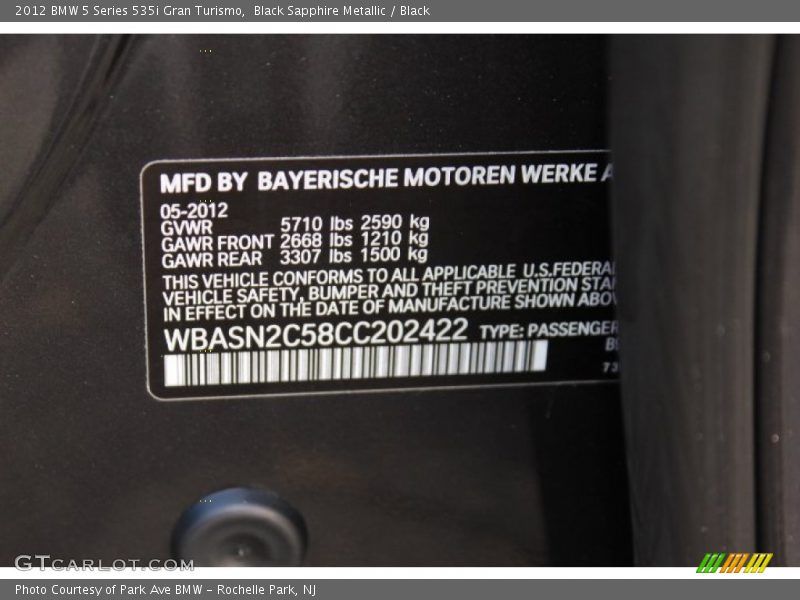 Black Sapphire Metallic / Black 2012 BMW 5 Series 535i Gran Turismo