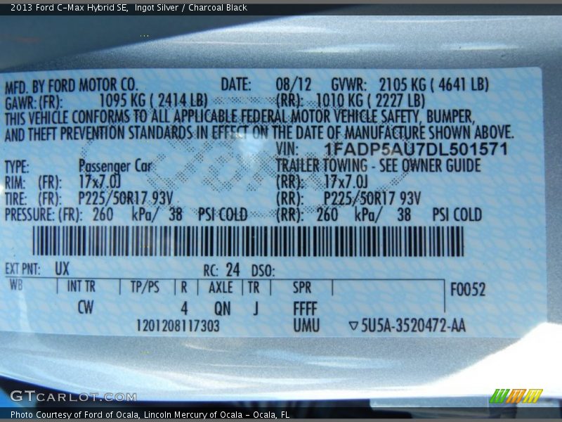 2013 C-Max Hybrid SE Ingot Silver Color Code UX