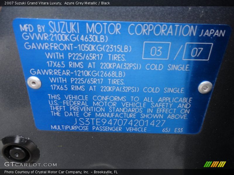 Azure Grey Metallic / Black 2007 Suzuki Grand Vitara Luxury