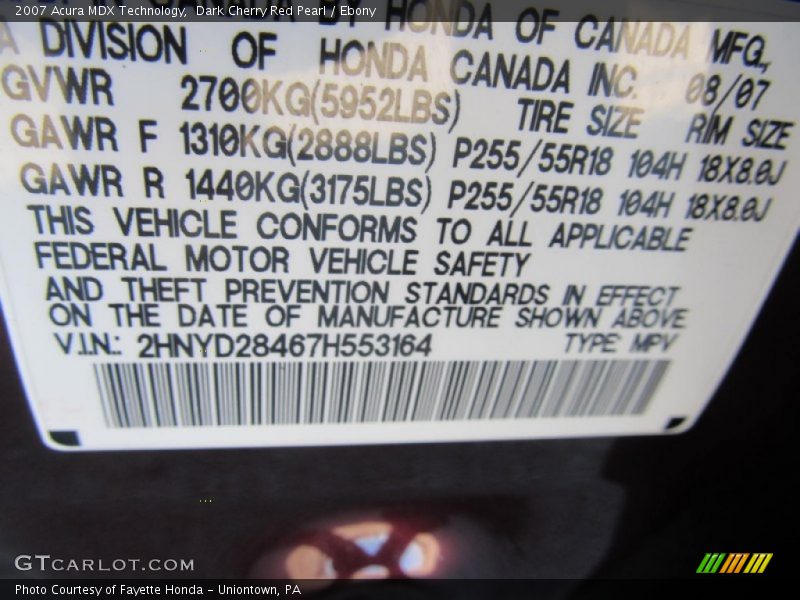 Dark Cherry Red Pearl / Ebony 2007 Acura MDX Technology