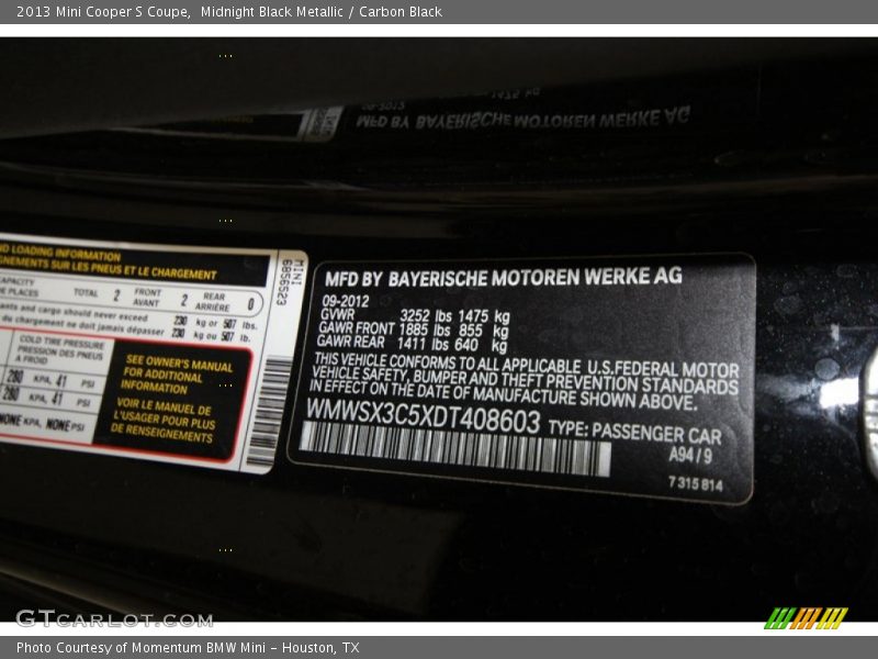 2013 Cooper S Coupe Midnight Black Metallic Color Code A94