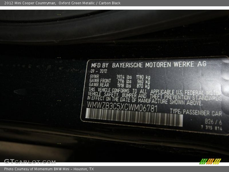 Oxford Green Metallic / Carbon Black 2012 Mini Cooper Countryman